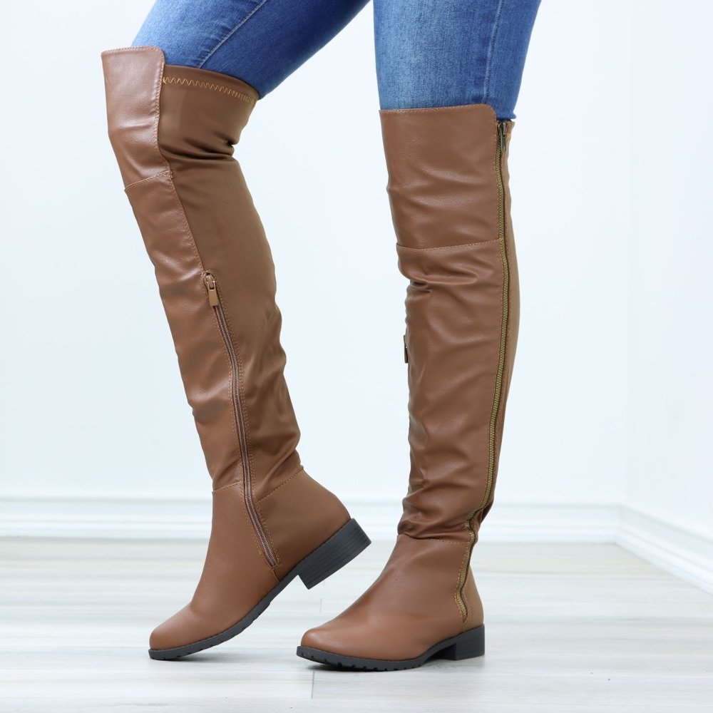 Tan Thigh High Over The Knee Faux Leather & Stretchy Material Low Heel Boot_11